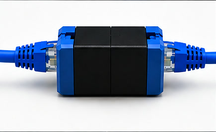Catlok installed inline between two blue Cat6 cables