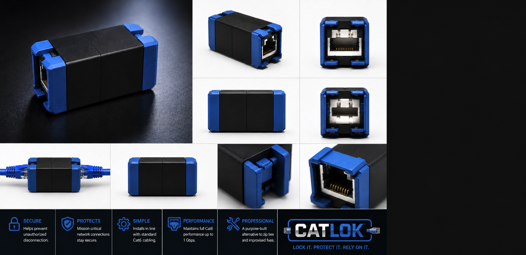 Black and blue Catlok locking Cat6 inline coupler shown assembled